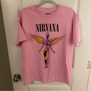 NIRVANA Pink Tee with Yellow Angel Graphic